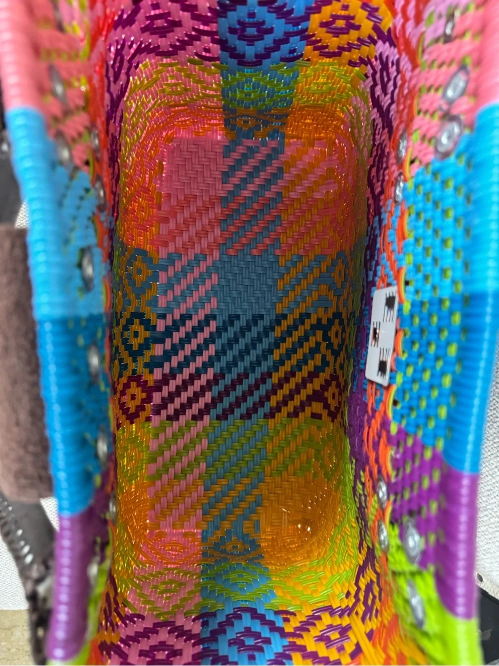 Artisan Woven Tote Bag multicolor with Dark Brown Handles - Picture 4 of 7